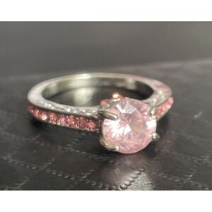 Art Deco Revival Filigree Ring Size 8.5 Prong Set Pink Silver Tone Statement